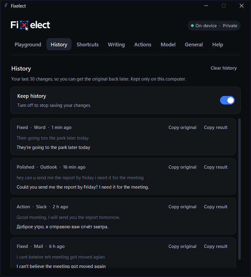 Fixelect's History screen: recent fixes, polishes and actions from Word, Outlook, Slack and Mail, each with Copy original and Copy result.